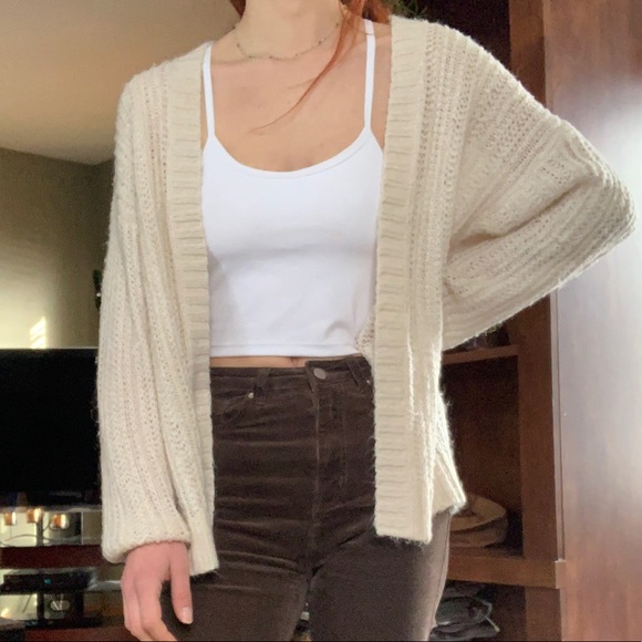 Off White Ribbed Knit Open Cardigan - Picture 2 of 4